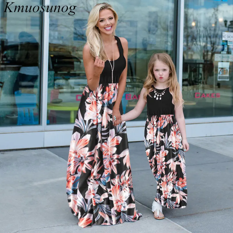 

Mom and Daughter Dress Sleeveless Casual Patchwork Flower Long Dress 2019 Mother and Daughter Clothes Mommy and me clothes C0442