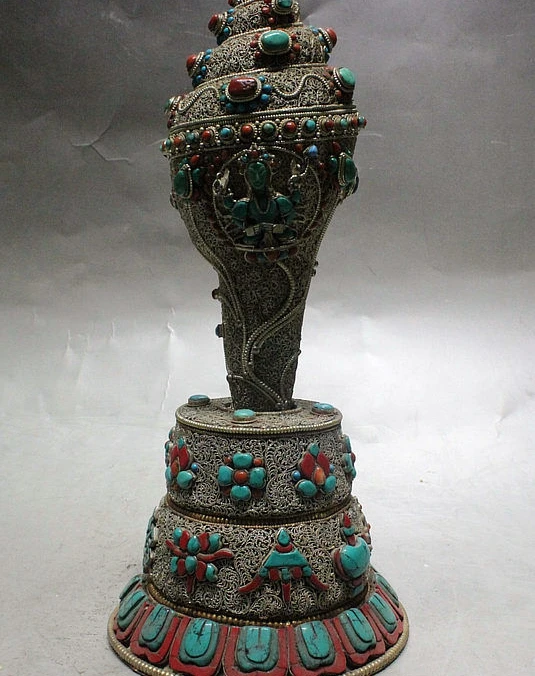 

14" Old Tibet Silver Inlay Turquoise 4 Arms 8 Auspicious Symbol Conch