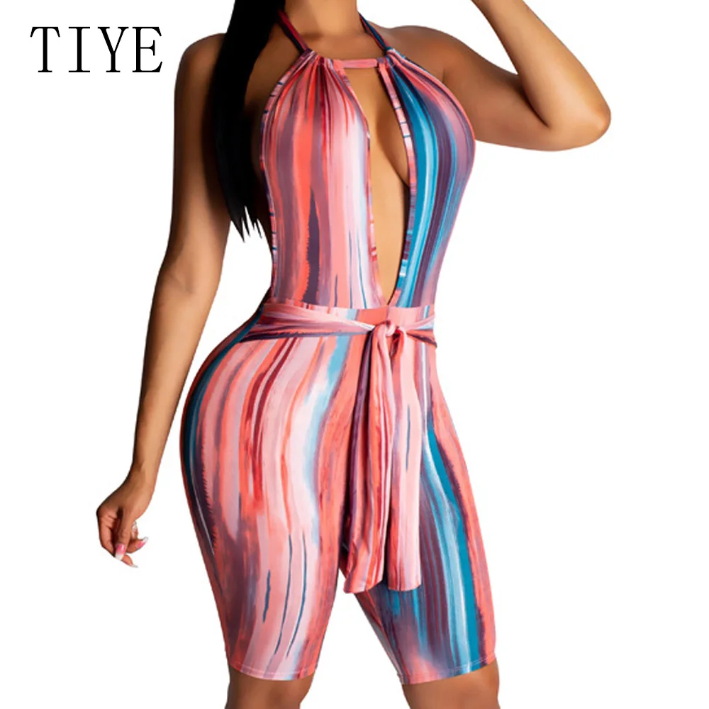 

TIYE Sexy Women Gradient Stripe Sleeveless Open Back Halter Jumpsuit Sexy Hollow Out Rompers Female Summer Casual Playsuits