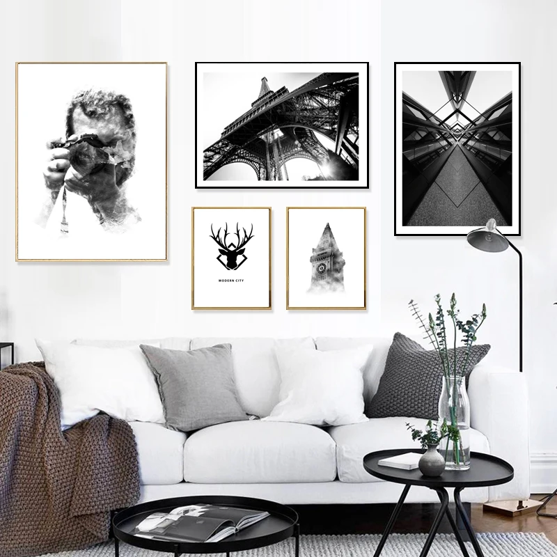 

Modern City Black and White Abstract Canvas Paintings Poster Print Travel Pop Wall Art Pictures for Living Room Home Decor