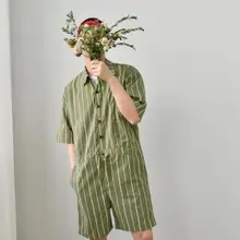 Summer летняя новая мужская одежда модная повседневная полосатая свободная талия веревка с короткими рукавами до колена комбинезон для волос мужские костюмы