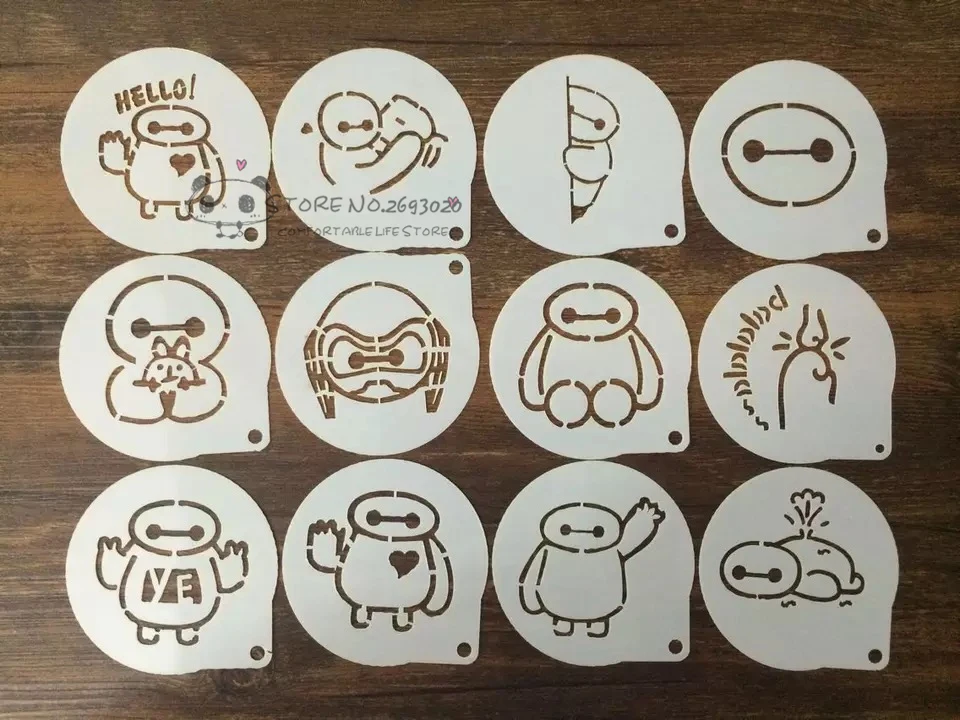 

12Pcs Cartoon Baymax Series Mold Fancy Coffee Printing Model Mould Cafe Foam Spray Template Barista Stencils Decoration Tool D27