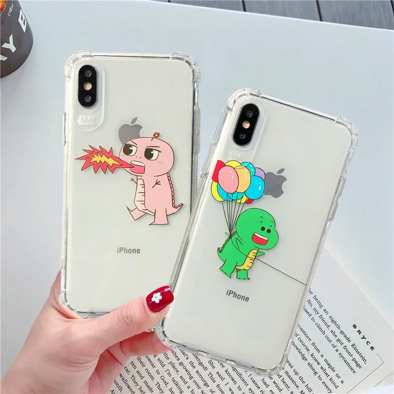Cute fire-breathing dinosaur Shockproof Bumper Silicone Phone Case For iPhone XR XS Max 7 Plus balloon TPU Soft Clear Back Cover |