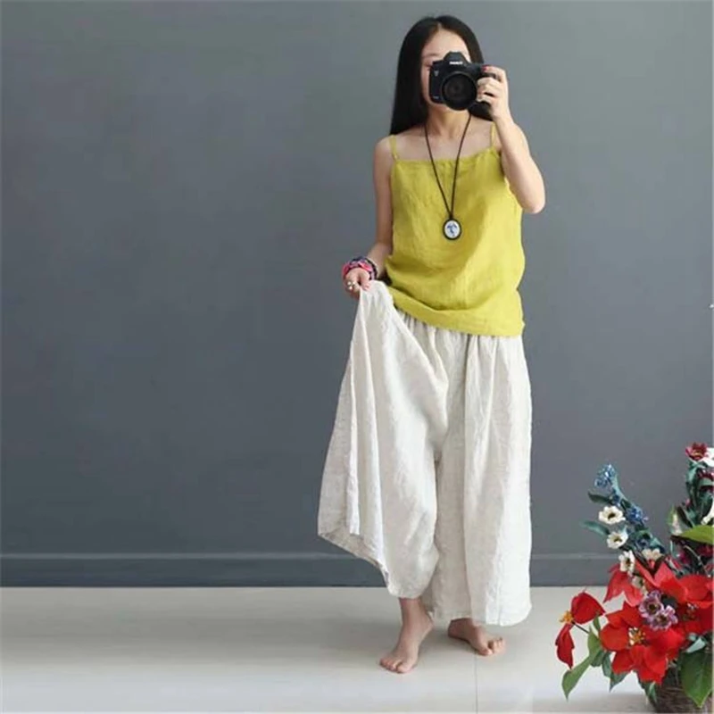 WUZHONGREN Casual Women Linen Plus Size Pleated Pants Women Soft Autumn Loose Cotton Wide Leg Pants Trousers Plus Size Pants