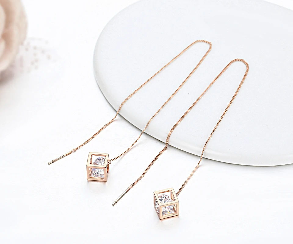 Полого Куба w/AAA CZ Циркон Link Rose Gold Цвет длинной цепочкой падение серьги нити через