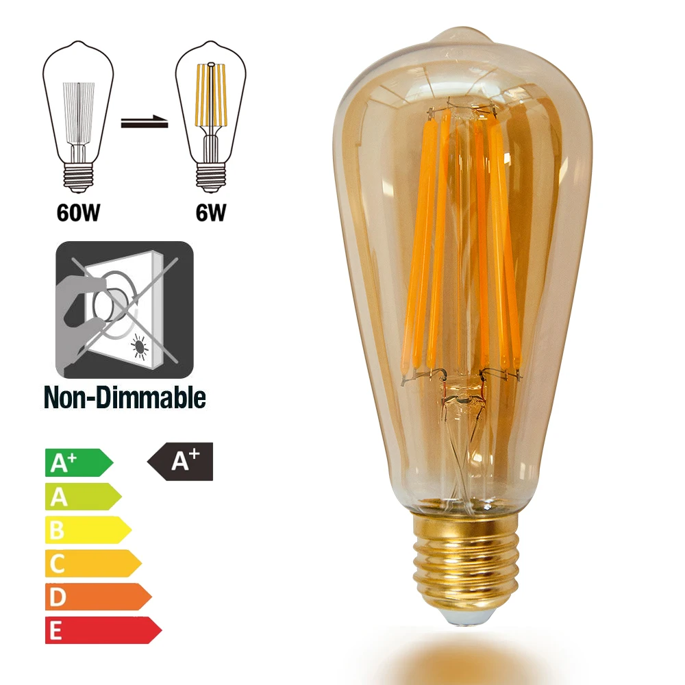 ST64, винтажный светодиодный светильник Эдисона с длинной нитью, 6 Вт, винт, E27, старомодный декоративный светодиодный светильник, Ретро лампа с покрытием из стекла