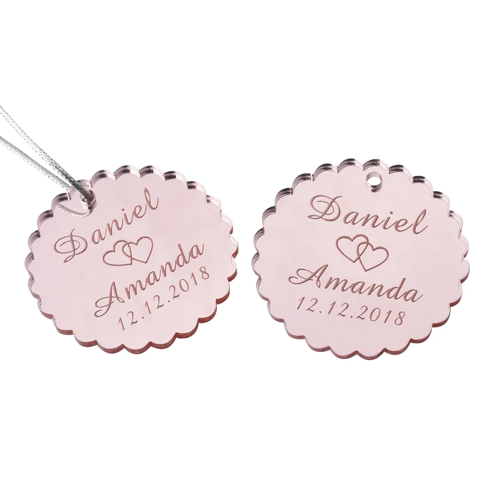 50Pcs Personalized Engraved Round Mirror Tags Wedding Rose Gold Baptism Tag Baby Shower Gift Favor Sculpture Party Gifts Decor - Цвет: Style2