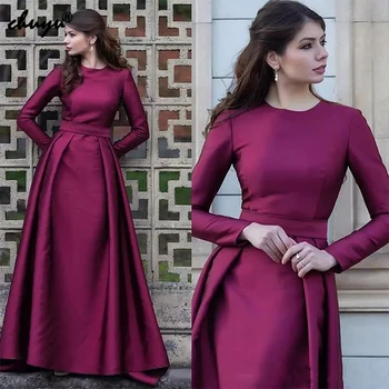

Purple Satin Muslim Evening Dresses Long Sleeves Islamic Dubai Kaftan Saudi Arabic Long Evening Gown Prom Dress