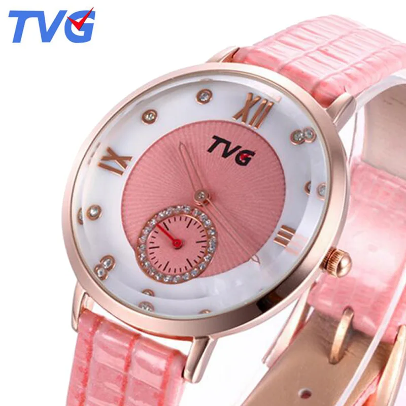 

TVG Top Brand Luxury Women Watches Pink Leather Band Rhinestone Quartz Watches For Women Fashion Ladies Watch relogio feminino