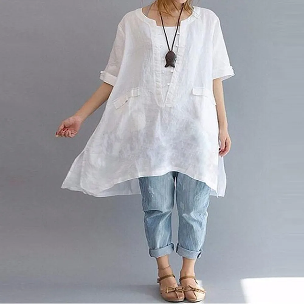 

Women O Neck Tee Shirts 2019 ZANZEA Summer Short Sleeve Tunic Tops Vintage Linen Blouse Female Button Chemise Plus Size Blusas