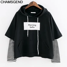 Толстовки CHAMSGEND, женская укороченная Лоскутная Толстовка с длинным рукавом, джемпер, пуловер с капюшоном, Harajuku, толстовка с капюшоном для девочек 23JULY17