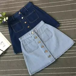 Лето 2019 г. Модные женские трапециевидной формы джинсовая короткая юбка с высокой талией на пуговицах Тонкий джинсовые карманы юбка мини