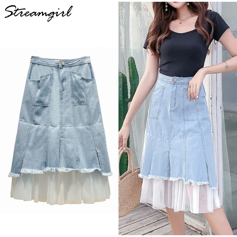 

Streamgirl High Waist Skirt Denim Women Summer Patch Denim Midi Skirt Jeans Plus Size Saia Jeans Feminina Skirts Womens Denim