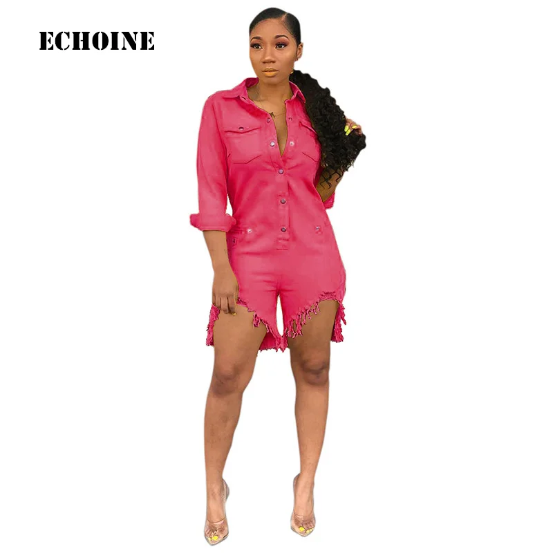 

2019 New Women Denim Jeans Playsuit Casual Long Sleeve Overalls Irregular Tassel Short denim overalls women jumpsuit romper