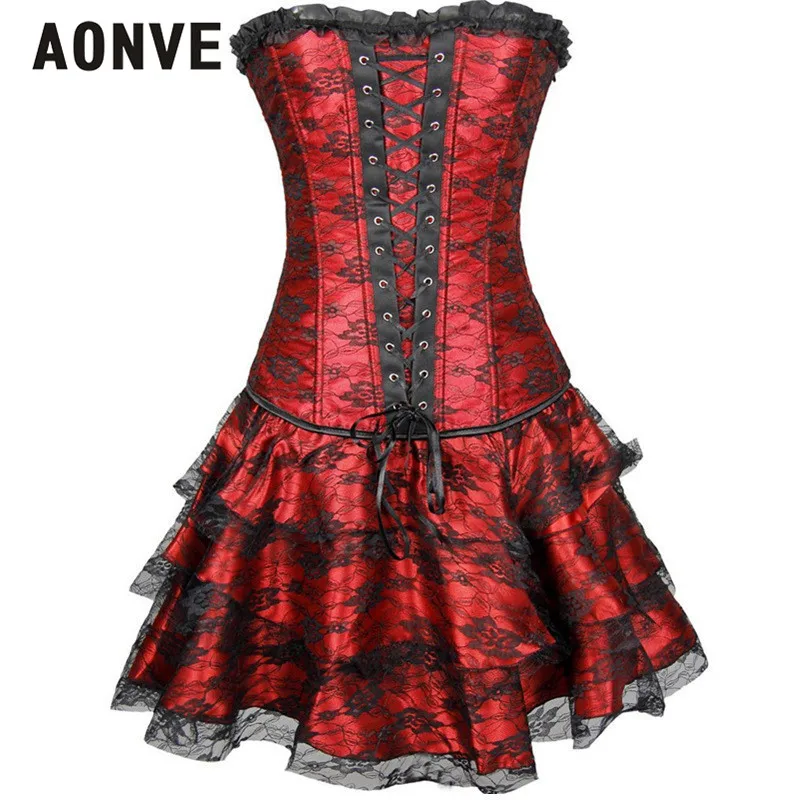 AONVE/вечерние корсетные платья в стиле стимпанк с юбкой, Корректирующее белье, корсеты, бюстье, готическая одежда, бурлесковый корсет для женщин - Цвет: Красный