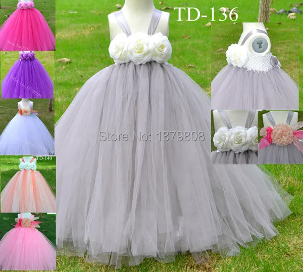 Free Shipping Handmade White Crocher Tank Top Gray Tulle Flower Free Shipping Handmade White Crocher Tank Top Gray Tulle Flower Tutu Dress With Corsage