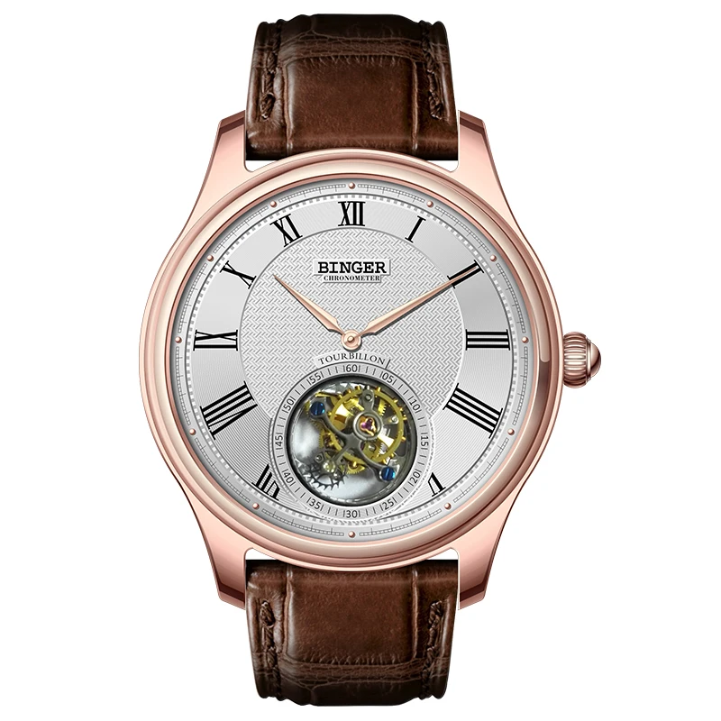 Мужские часы BINGER TOURBILLON из натуральной кожи крокодила водонепроницаемые с