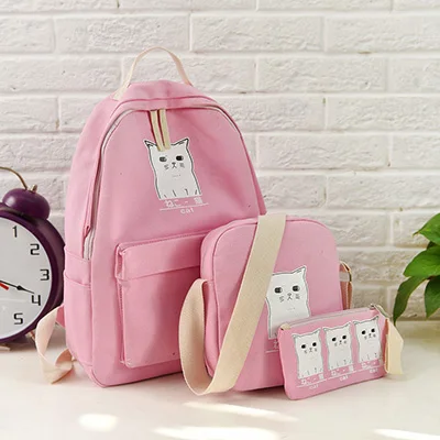 Женский рюкзак с принтом кота, холщовые школьные сумки для девочек-подростков, консервативный стиль, 3 комплекта/шт., рюкзак, милая сумка для книг, Mochila Feminina - Цвет: pink