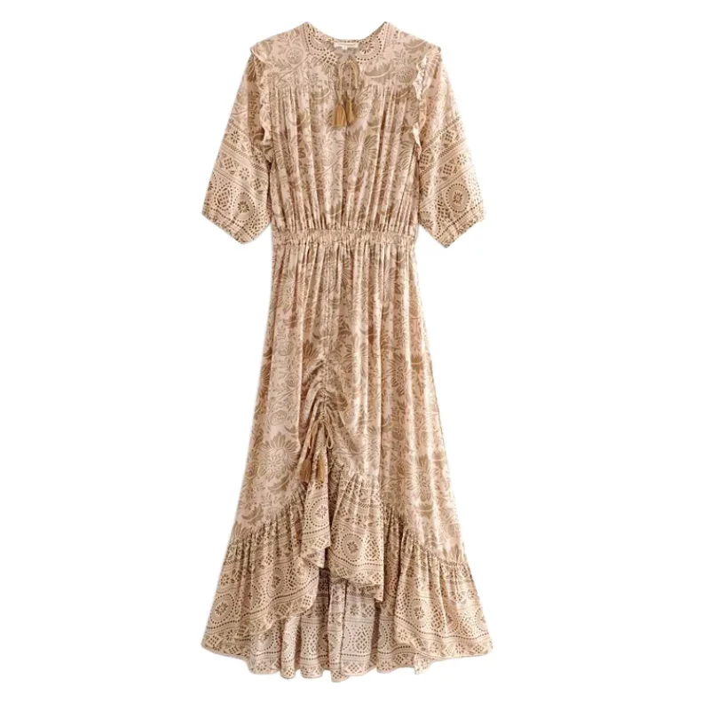

Women Retro Print Patchwork Maxi Dress O Neck Half Sleeve Elastic Waist Design Fashion Long Irregular Dresses FFZYQ368