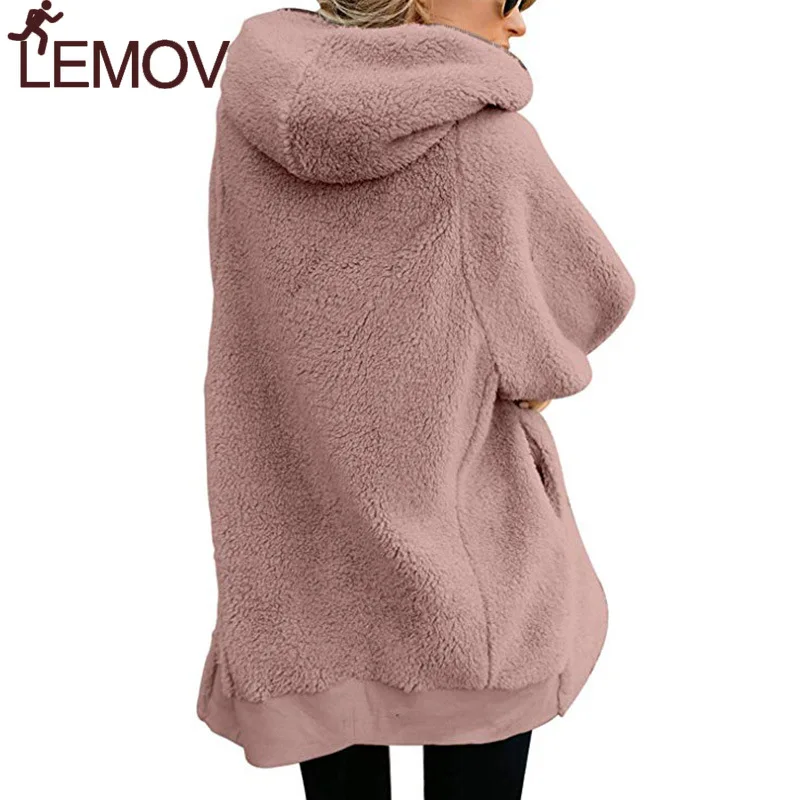  New Women Hoodies Zipper Girl Winter Loose Fluffy Hoodie Hooded Jacket Long Warm Outerwear Coat Cut