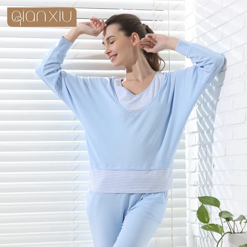 Qianxiu марка Pijamas женщины контрастного цвета салон одежда лоскутная v-образным вырезом пижамы модальные хлопок пижамы