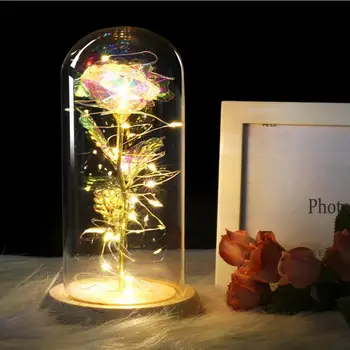 

LED Rose Bedside Bottle Night Light Romantic Gift Glass + Solid Wood Desk Lamp For Romantic Valentin Birth