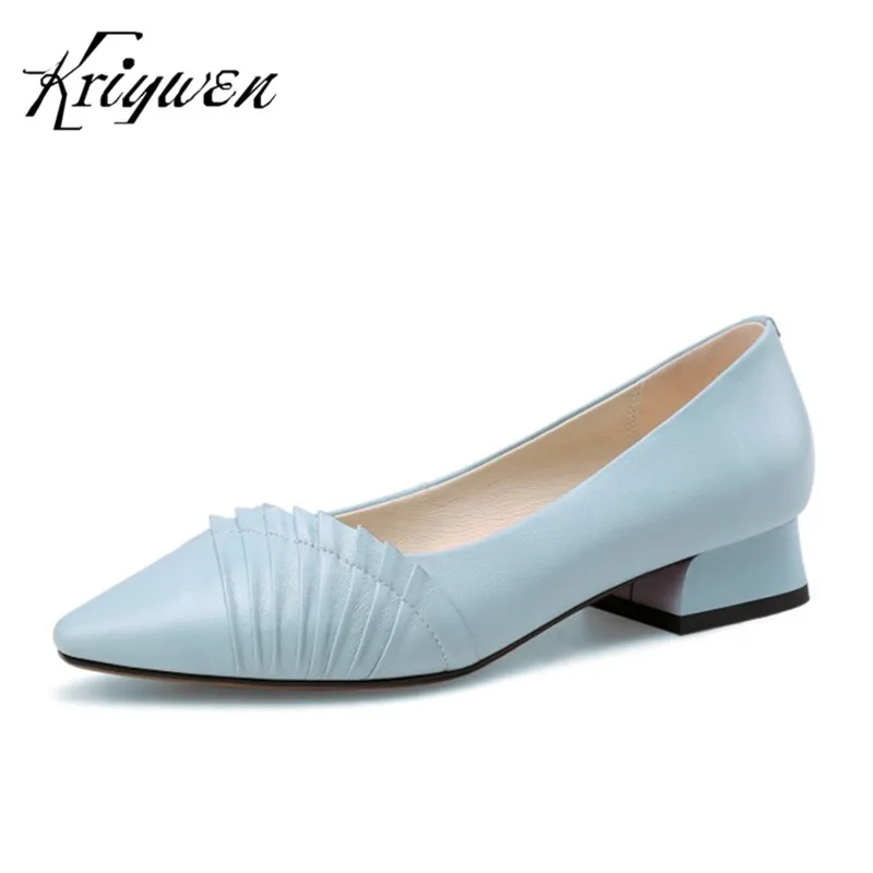 

Plus Size 34-43 Cow Genuine Leather Oringnal Woman Shoes Low Heels Women Pumps Shallow Blue Female Concise Sapato Feminino Mujer