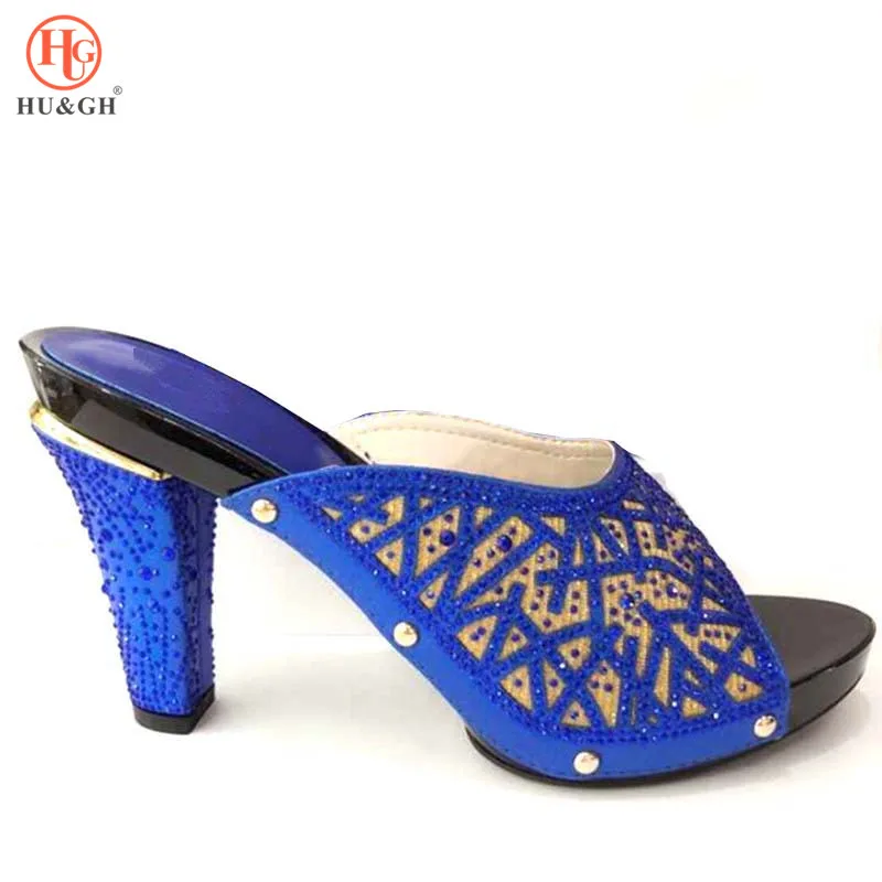 

2019 Royal Blue Color Italian Lady Sexy High Heel Pump Decorated with Rhinestones Italian Design African Sandals Shoes for Party