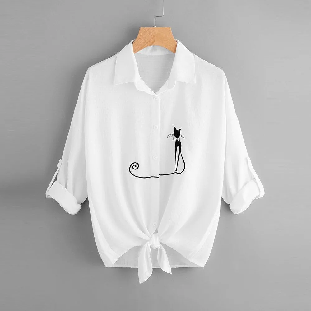 

Women Print Cat Plus Size Knotted Hem Shirt Fit Loose Round neck Lace Long Sleeve Button Tops roupas feminina
