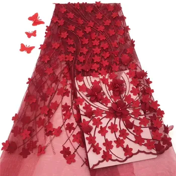 

High Quality Nigerian 3D Wedding Lace Fabric red Latest African Laces 2019 French Net Lace Fabric With beads for Dress White
