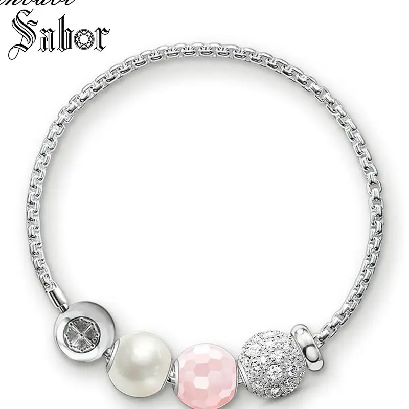 

mens Bracelets Pink Beads & Pearl Link Chain 925 Sterling Silver Fashion Jewelry For Women Beads Gift Karma Bracelet thomas