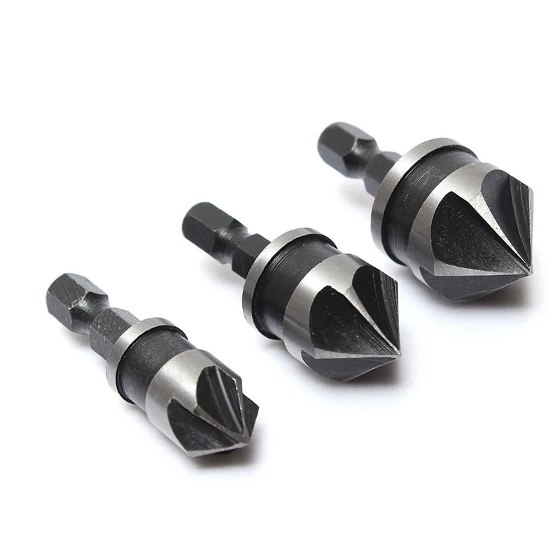

3pcs 5 Flute Countersink Drill Bit Set 90 Degree Chamfering Cutter For Wood Metal 12/16/19mm