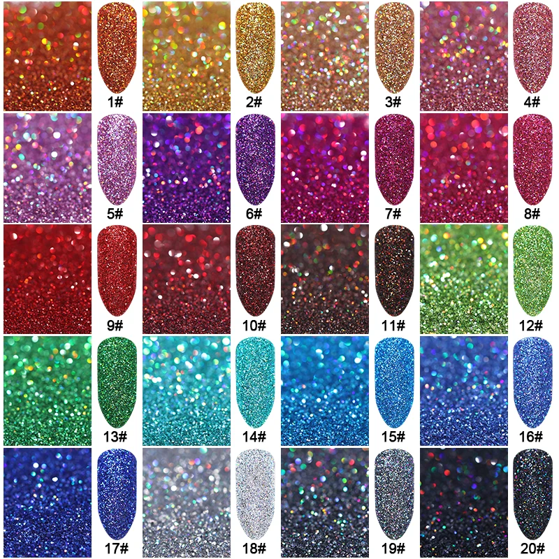 

20g Colorful Holographic Glitter Powder Shining Shimmer Purple Nail Art Pigment Dust Glitters Manicure Nails Art 20 Colors