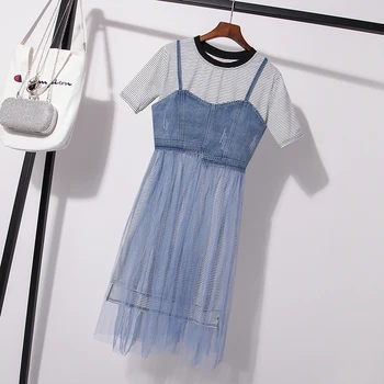 

M-4XL 2019 Large size Summer Women 2 Pieces Sets Casual Striped Long Tops+Mesh Denim Skirts Plus size T-shirt Set Two-piece Suit