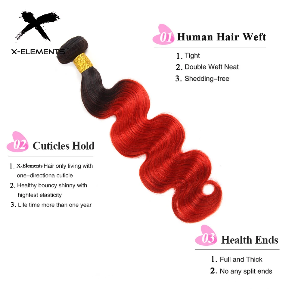 X-Elements Brazilian Ombre Body Wave Hair Bundles T1B 30 Burgundy 39J Purple Colored Human Hair Weave Non-Remy Hair Extensions (16)