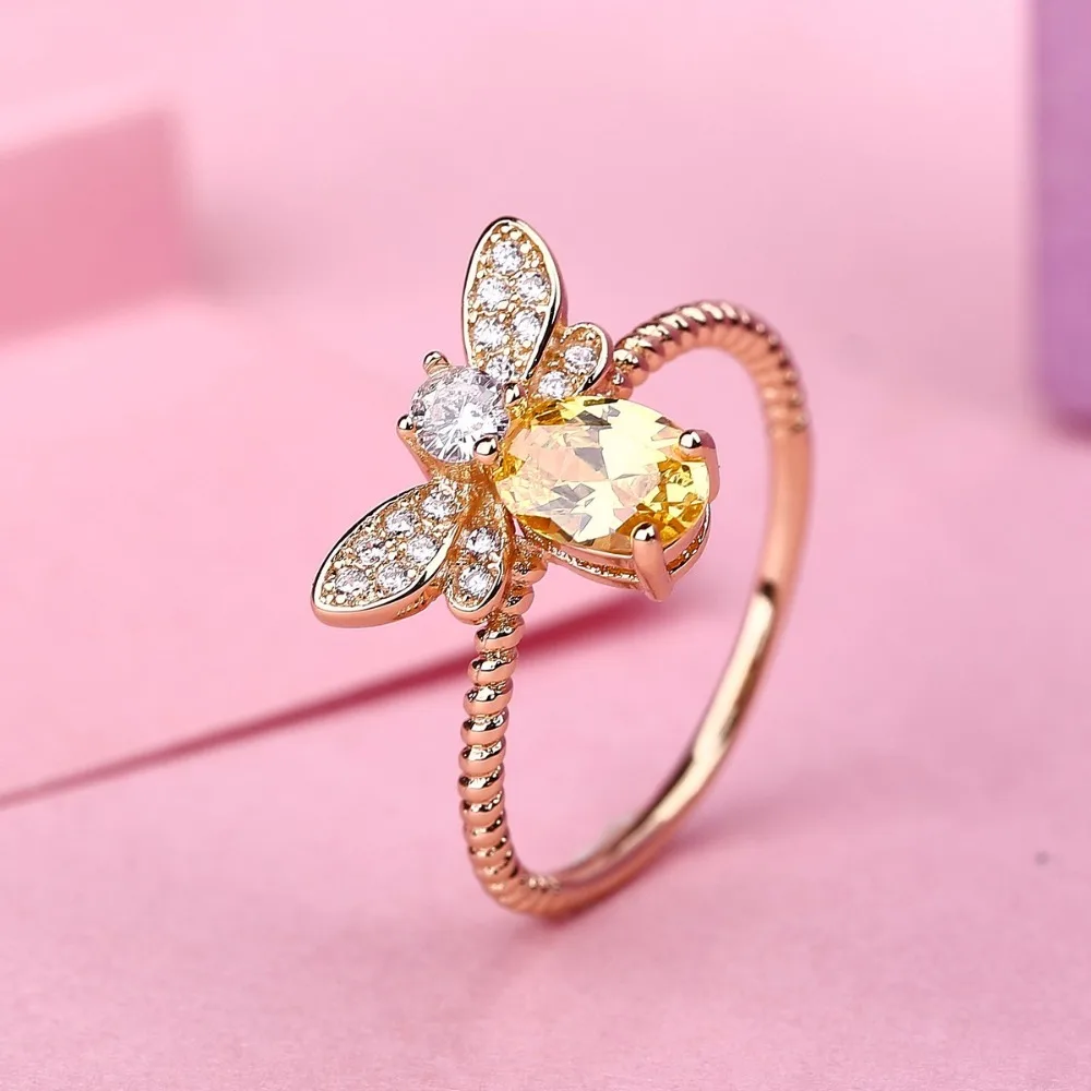 

ZHE FAN Oval Yellow Color Ring For Teen Girls High Quality AAA CZ Stone Rhodium Gold Color Plated Fashion Bees Ring Size 5-10