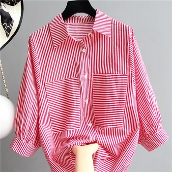 

Vertical Striped Shirt Female Seven-point Sleeve Loose Blouse Women New Chic Shirt Office Lady Basic Shirts Coats Tops Nancylim