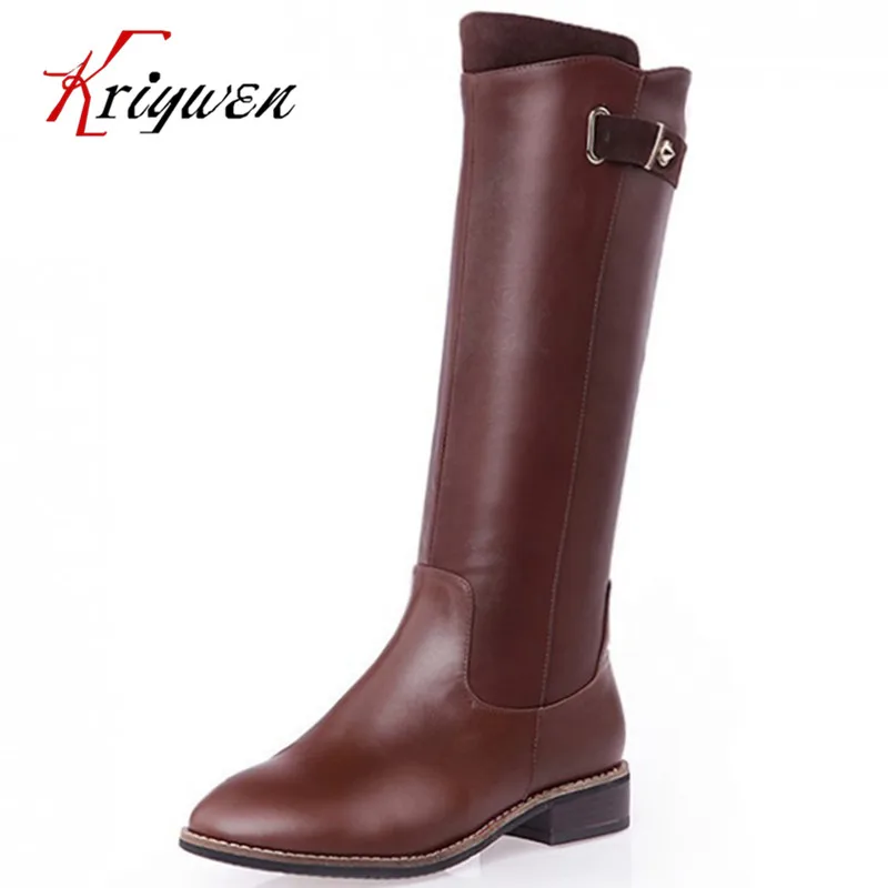 

Free shipping 2016 new arrive autumn winter low heels knee high boots 100% cow genuine leather women western motorcycle boots