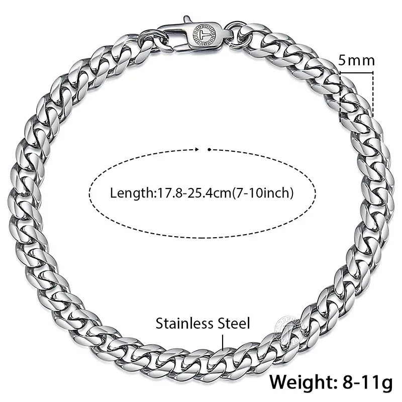Нержавеющая сталь полированный браслет для Для мужчин звеньевая цепочка с крупными звеньями кубинской Для мужчин браслет черный, серебристый цвет золота ювелирные изделия 3/5/7/9/11 мм DKBM158 - Окраска металла: 5mm Silver
