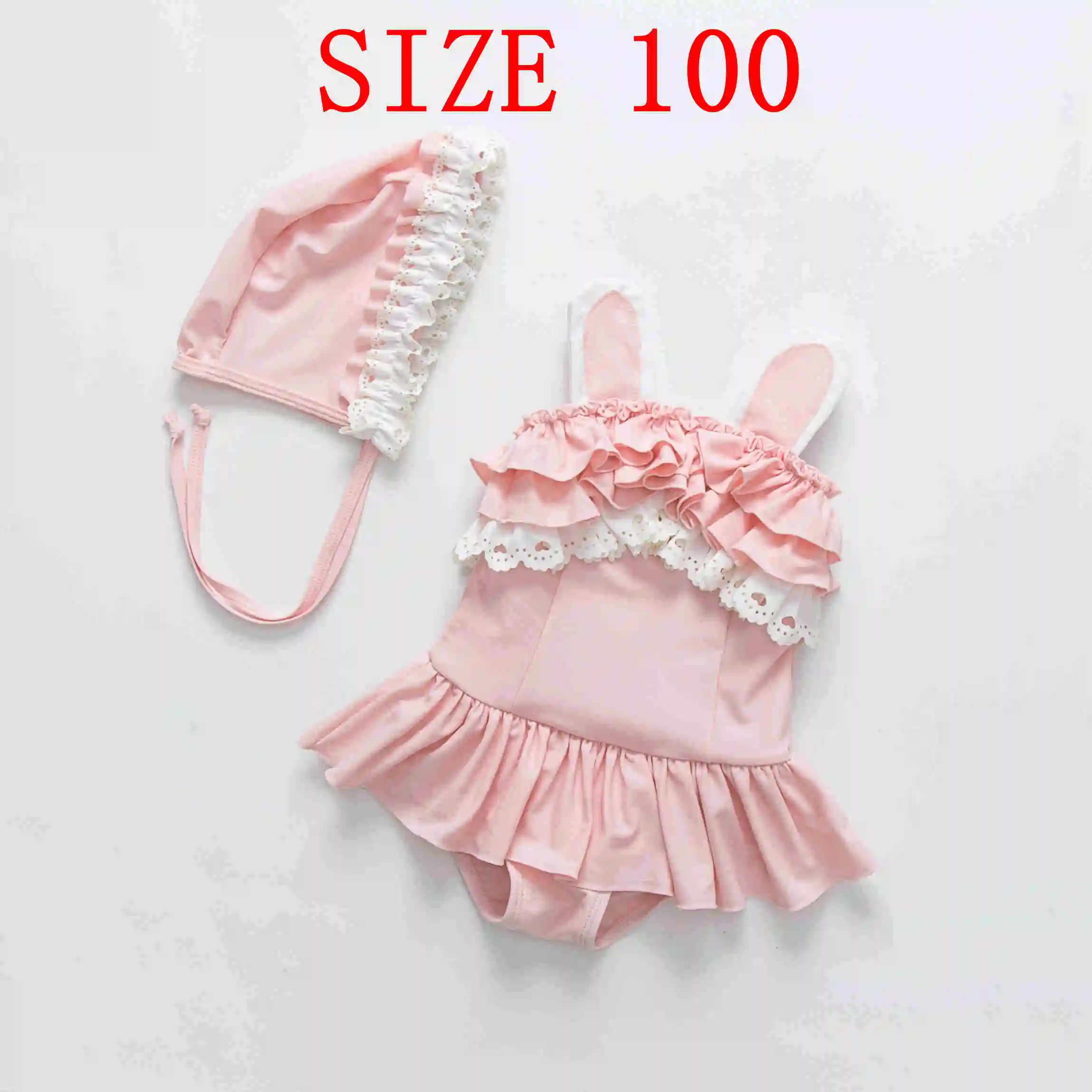 SIZE 100 Купальный костюм для девочек, детское бикини, розовый кружевной Цельный купальник с оборками, детский купальный костюм с шапочкой, детская одежда для купания, пляжный купальный костюм для девочек - Цвет: SIZE 100