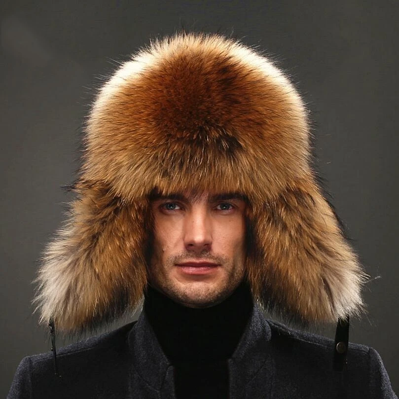 IANLAN Mens Full-pelt Blue Fox Fur Bomber Hats Real Raccoon Fur Earmuffs Hats Winter Outdoor Real Sheep Leather Caps IL00238 bomber crew beanie hat with full face covering