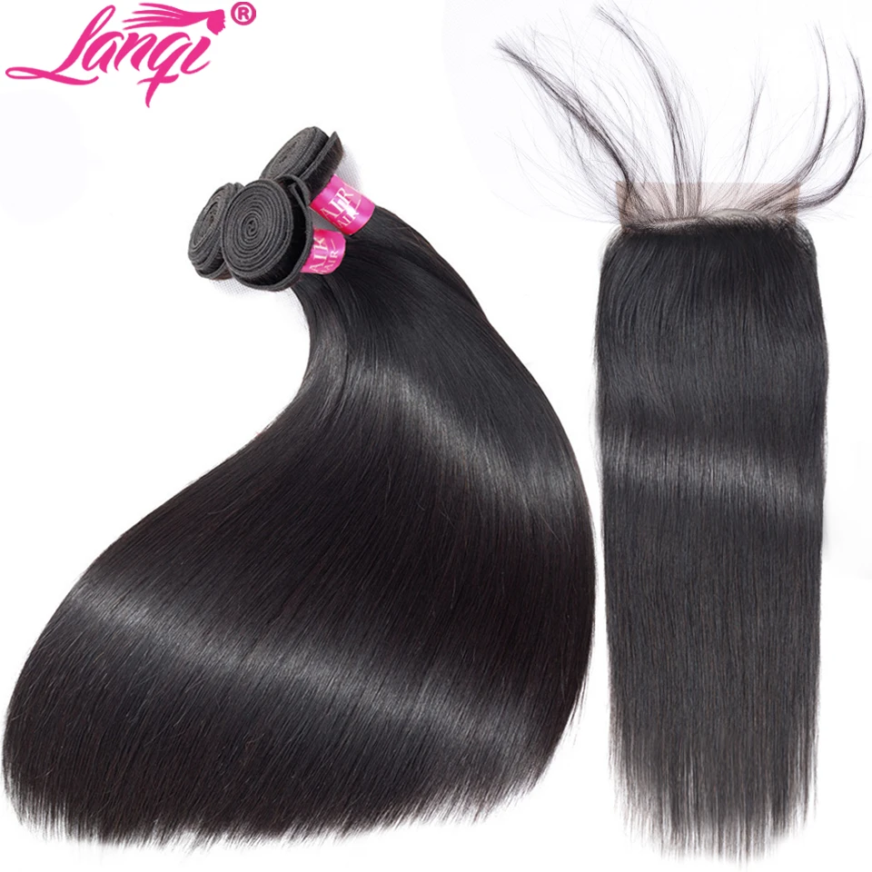 Brazillian Straight Hair Bundles With Closure Non Remy Brazilian Human Hair Weave Bundle With Closure 28 inch 3 Bundles With Closure