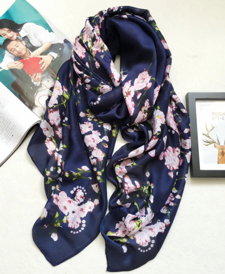 Шелковый шарф, женский шарф с цветочным принтом, птицами, листьями, цепочками, натуральные шелковые шарфы, платки и шарфы, 180*90 см хиджабы