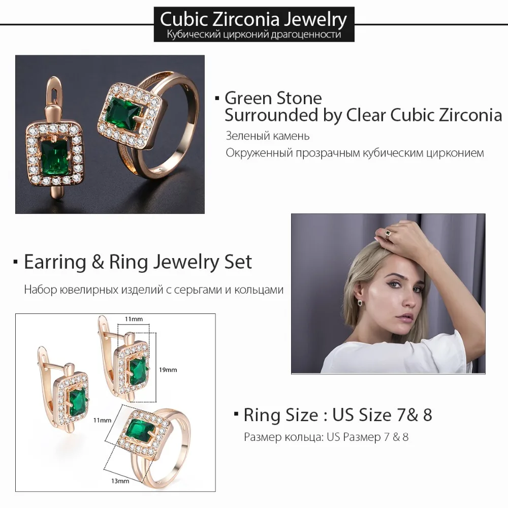 Davieslee, квадратные серьги-гвоздики с зеленым камнем, кольцо для женщин, 585, розовое золото, проложенный прозрачным кубическим цирконием, CZ Ювелирные наборы DGE141