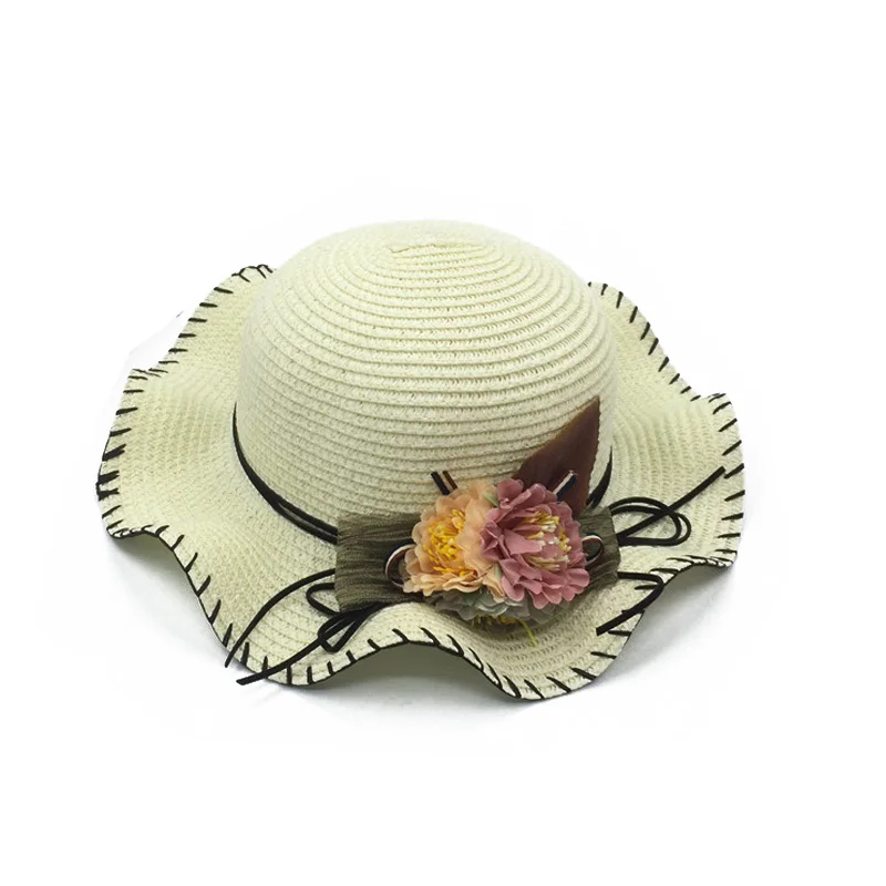 Ivory Beach Cap Модные летние шапки для родителей и детей, широкая волнистая соломенная шляпа с полями для детей, пляжная кепка с цветочным рисунком, женские солнцезащитные козырьки, чайные вечерние шапки, YY18080 - Цвет: Ivory Beach Cap