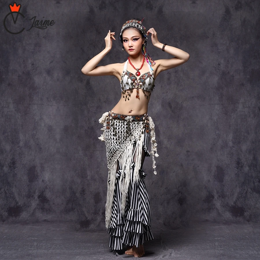 

Tribal Belly Dance Clothes Women Tribal Dance Costume 3pcs Outfit Sexy embroidery Tops Hip Belt and Pants