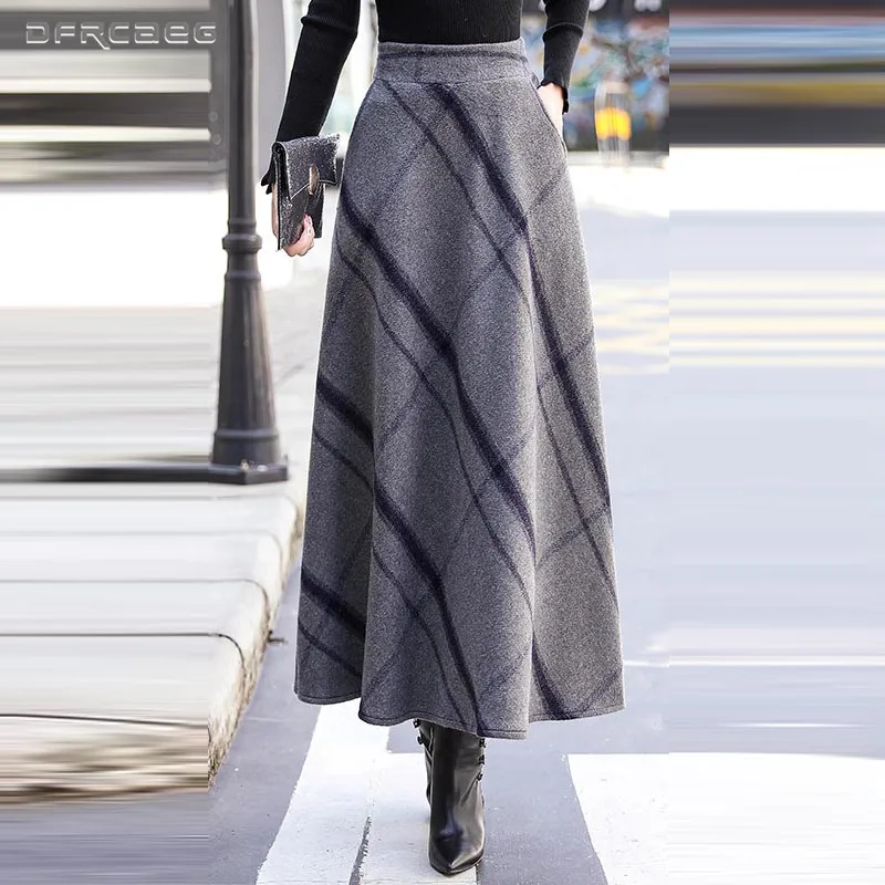 

High Waisted Woolen Maxi Skirts Womens Winter 2019 Fashion Plaid Wool Pleated Skirt Ladies Casual Warm Vintage Saia Longa Femme