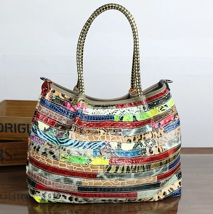 

Vintage patchwork patterned leather casual straped shoulder bag western women handbag online wholesale