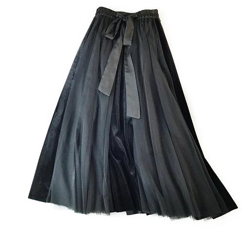 Surmiitro Вельветовая и Тюлевая юбка для женщин осень зима Корейская элегантная плиссированная юбка с высокой талией Женская длинная Макси юбка А-силуэта - Цвет: Черный