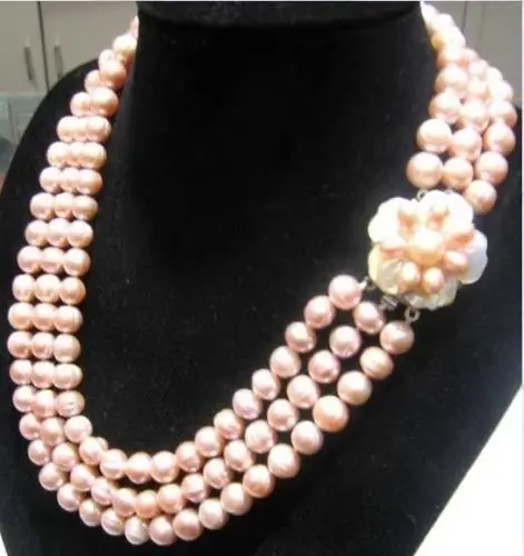 

Hot sell ->@@ AS1327 WHOLESALE 3 Row 8-9mm AKOYA PINK PEARL NECKLACE FLOWER CLASP -Top quality free shipping